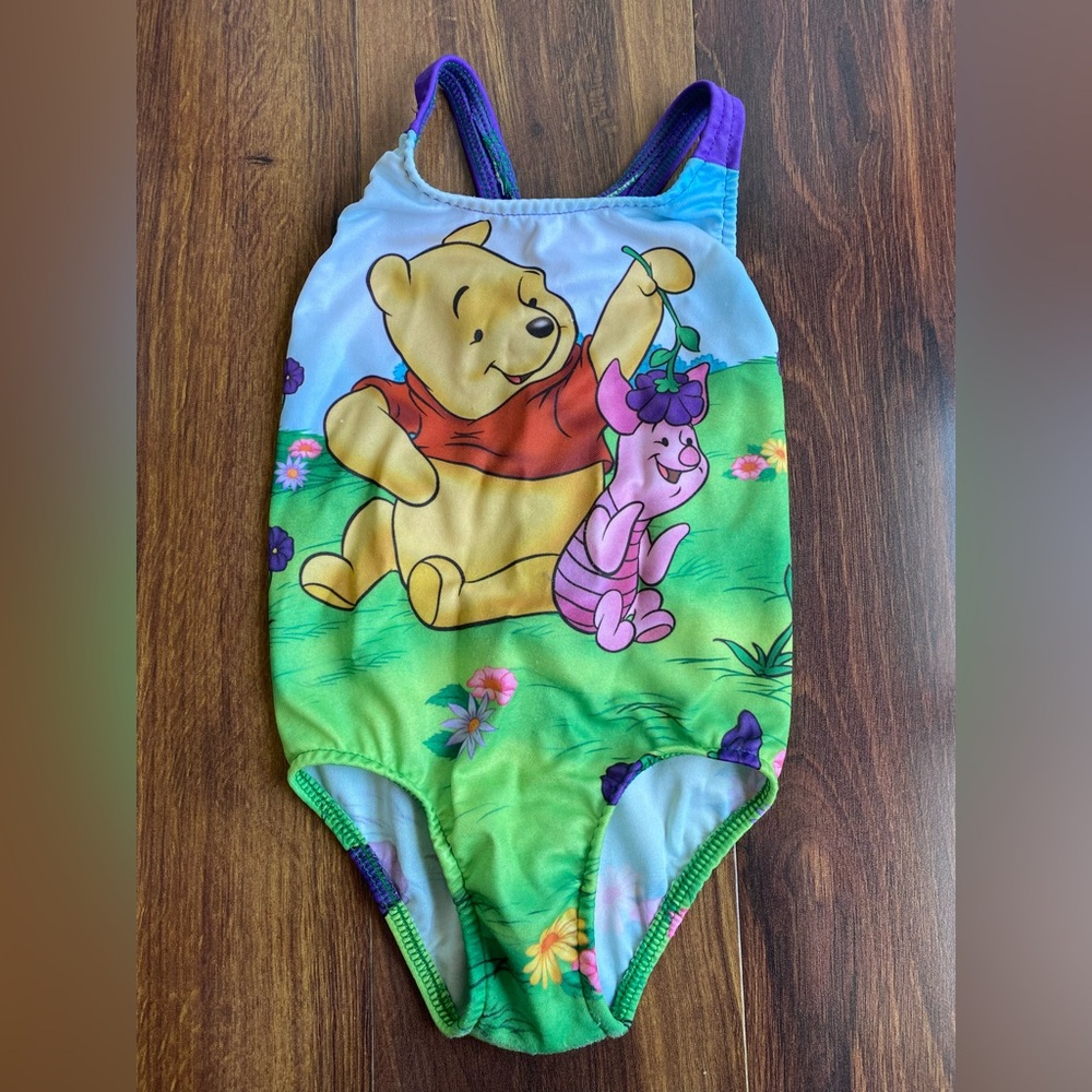 Vintage All Over Winnie The Pooh Piglet One Piece Swimsuit Disney 90s Y2K Sz 4T